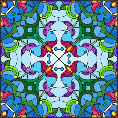 Mavi arkaplan üzerinde soyut bir çiçek düzeniyle mozaik cam tarzında resimleme, kare resim