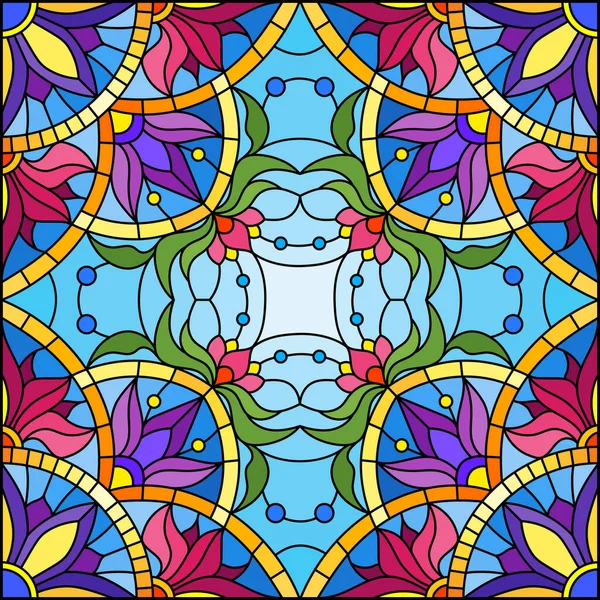 Ilustracja Stylu Witrażu Abstrakcyjną Kompozycją Kwiatową Niebieskim Tle Kwadratowy Obrazek — Wektor stockowy