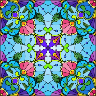Mavi arkaplan üzerinde soyut bir çiçek düzeniyle mozaik cam tarzında resimleme, kare resim