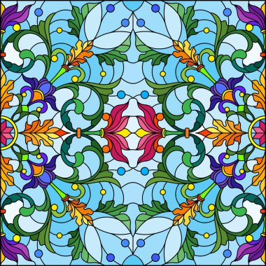 Mavi arkaplan üzerinde soyut bir çiçek düzeniyle mozaik cam tarzında resimleme, kare resim