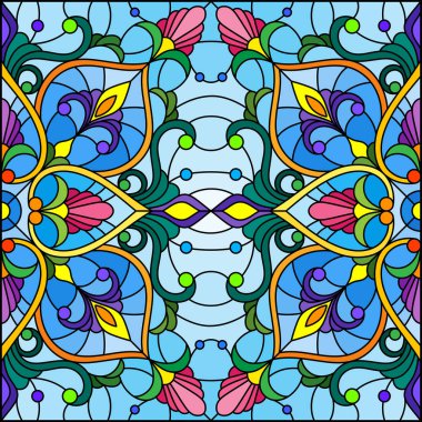 Mavi arkaplan üzerinde soyut bir çiçek düzeniyle mozaik cam tarzında resimleme, kare resim