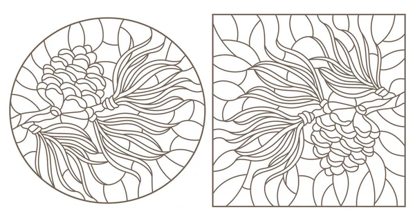 一套轮廓彩绘玻璃插图 枝条上有雪松圆锥 白色背景上有深色轮廓 — 图库矢量图片