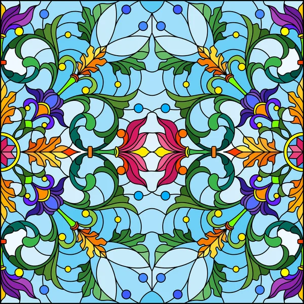 Illustration Buntglasstil Mit Einem Abstrakten Blumenarrangement Auf Blauem Hintergrund Quadratisch — Stockvektor