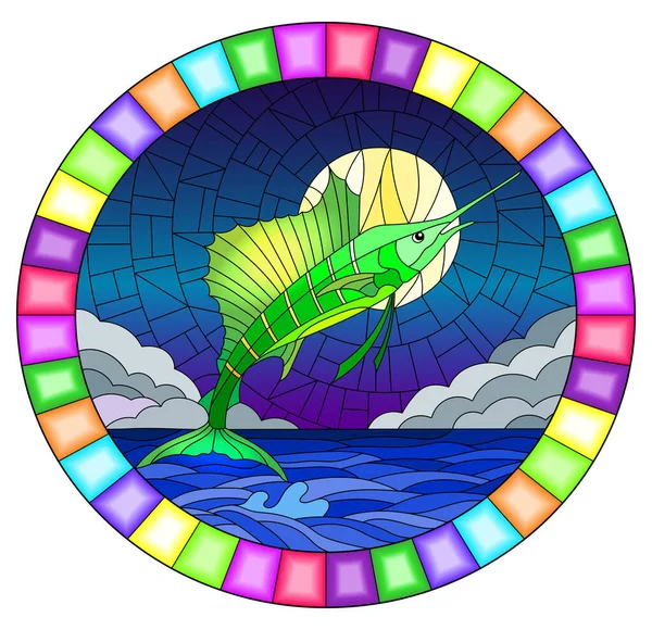 Ilustración Estilo Vitral Con Velero Pescado Sobre Fondo Agua Nube — Vector de stock