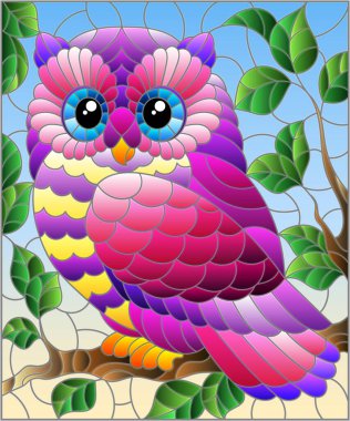 Mavi bir gökyüzüne karşı bir ağaç dalında duran sevimli bir çizgi film baykuşu olan boyalı cam bir çizim.