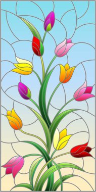 Lalelerin mavi arka planda, dikdörtgen görüntüde, dikey yönelimli çiçek düzeniyle renklendirilmiş cam tarzı bir resim