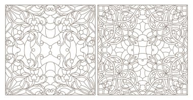 Soyut girdaplar ve çiçekler, kare resim, beyaz arkaplan üzerindeki koyu çizgiler ile renklendirilmiş camların çizimlerini ayarla