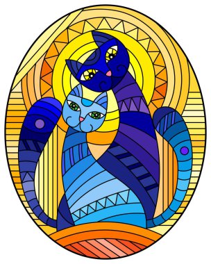 Bir çift soyut geometrik mavi kediyle, turuncu arka planda güneşli, oval görüntülü, boyalı cam şeklinde bir resim.