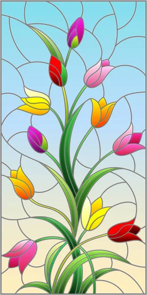 Ilustración Estilo Vitral Con Arreglo Floral Tulipanes Sobre Fondo Azul — Vector de stock