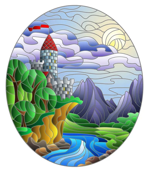 Illustration Glasmalereistil Mit Einer Landschaft Einer Alten Burg Auf Dem — Stockvektor