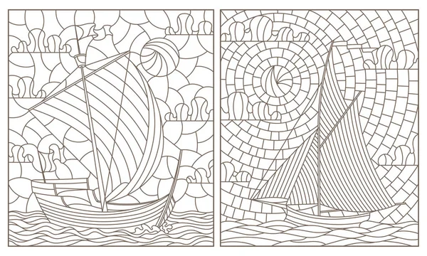 Set Contour Illustrations Stained Glass Windows Old Sailing Ships Dark — Stock Vector