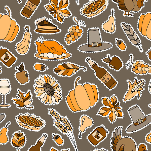 Seamless pattern for holiday of Thanksgiving day, a simple hand-drawn patches icons on a brown background, Sepia,monochrome