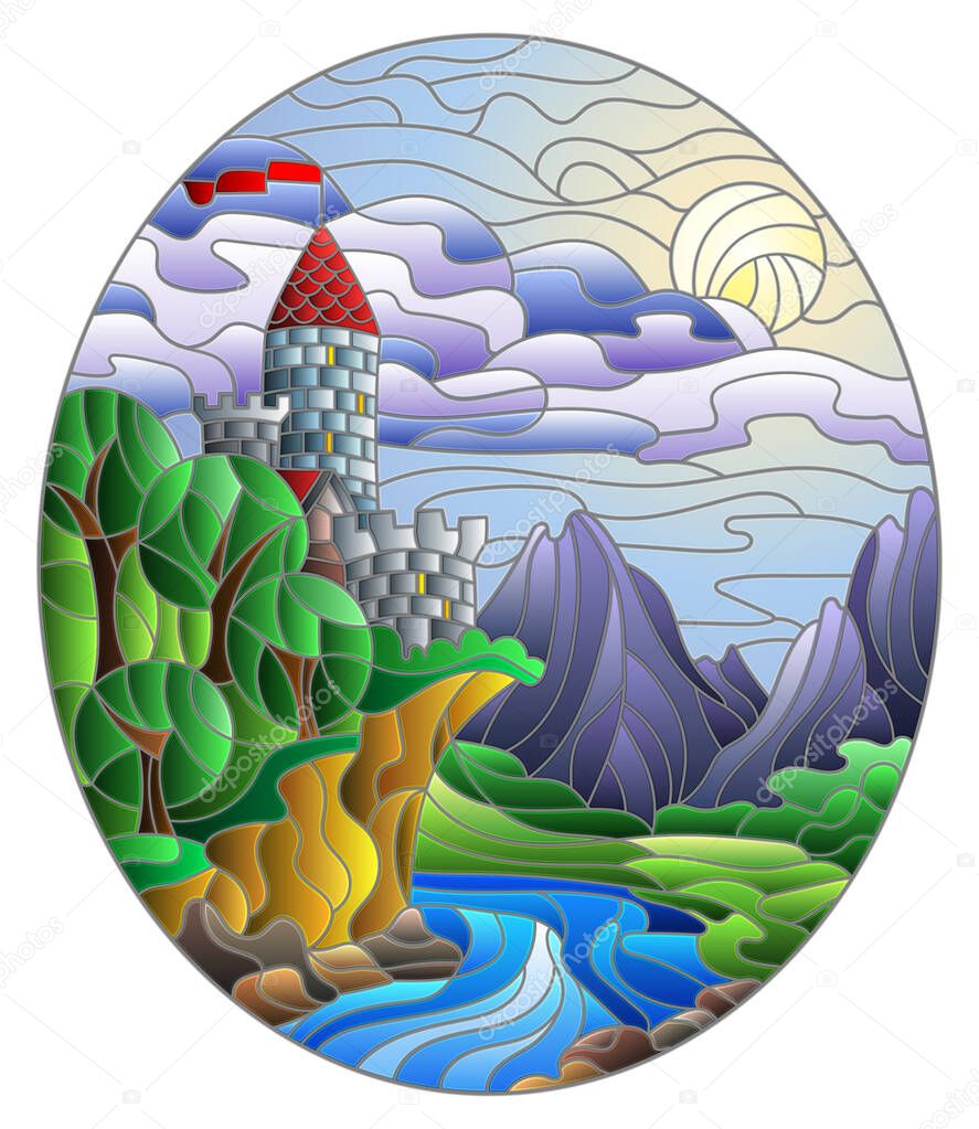 Illustration in the stained glass style with a landscape, an old castle on the background of the river and the night sky with moon, oval image