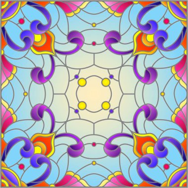 Mavi arkaplan üzerinde soyut bir çiçek düzeniyle mozaik cam tarzında resimleme, kare resim