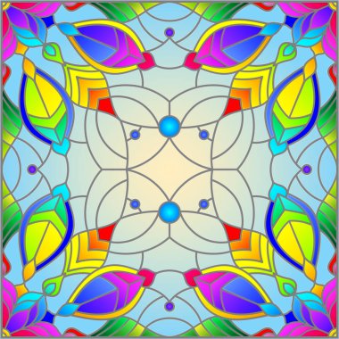 Mavi arkaplan üzerinde soyut bir çiçek düzeniyle mozaik cam tarzında resimleme, kare resim