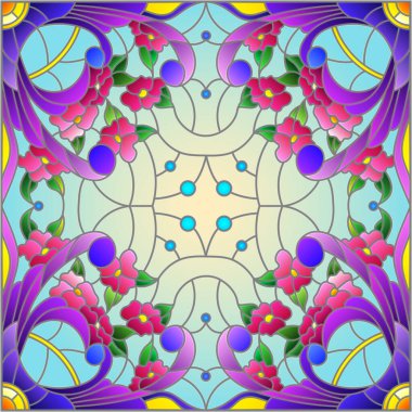 Mavi arkaplan üzerinde soyut bir çiçek düzeniyle mozaik cam tarzında resimleme, kare resim