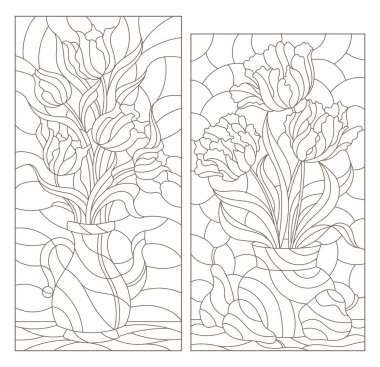 Durgun yaşamlı vitrin camları, lale çiçekli vazolar, beyaz arkaplandaki koyu çizgiler.