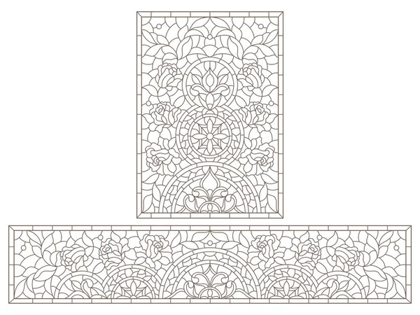 Versetzte Konturabbildungen Von Glasmalerei Mit Abstrakten Wirbeln Und Blumen Dunkle — Stockvektor