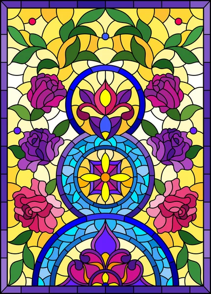 色彩斑斓的玻璃样式中的图解 在浅黄的背景上有抽象的花朵排列 垂直图像 — 图库矢量图片