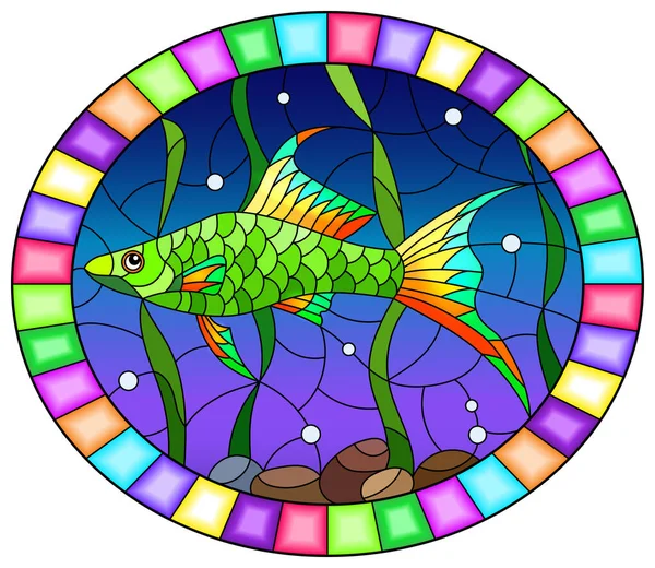 Иллюстрация Витражном Стиле Ярко Зеленой Рыбы Фоне Водорослей Воды Овальное — стоковый вектор