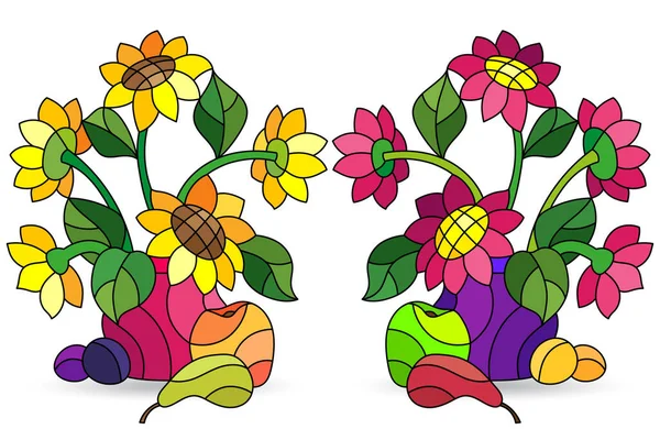 스테인드글라스 스타일의 삽화들과 꽃들이 아직도 꽃병과 과일에 꽃들이 배경에 떨어져 — 스톡 벡터