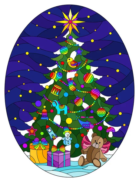 Illustration Stained Glass Style Christmas Tree Toy Bear Blue Night — Stock Vector