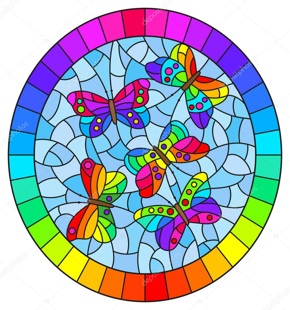 Illustration in stained glass style with abstract bright butterflies on a blue background, oval image in bright frame
