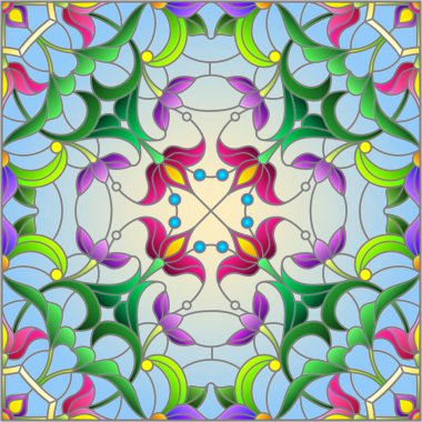 Mavi arkaplan üzerinde soyut bir çiçek düzeniyle mozaik cam tarzında resimleme, kare resim