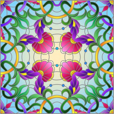 Mavi arkaplan üzerinde soyut bir çiçek düzeniyle mozaik cam tarzında resimleme, kare resim