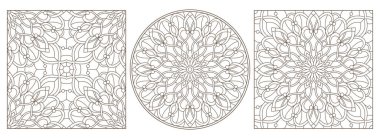 Soyut girdaplar ve çiçeklerle renklendirilmiş camların dış hatlarını ayarlayın, beyaz arkaplanda koyu çizgiler