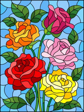 Mavi arka planda parlak güller ve dikdörtgen bir görüntü ile boyalı cam şeklinde bir resim.