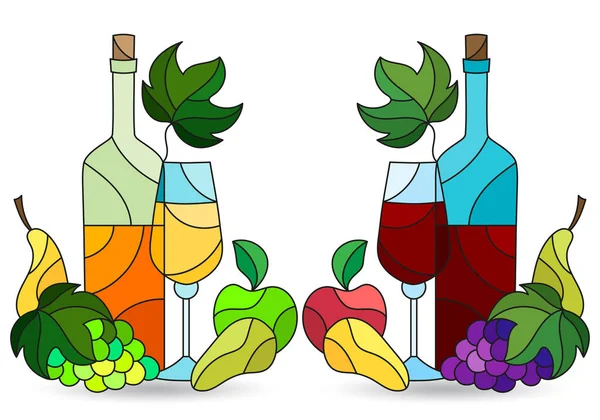 Set Afbeeldingen Van Glas Lood Met Stillevens Wijn Fruitcomposities Geïsoleerd — Stockvector