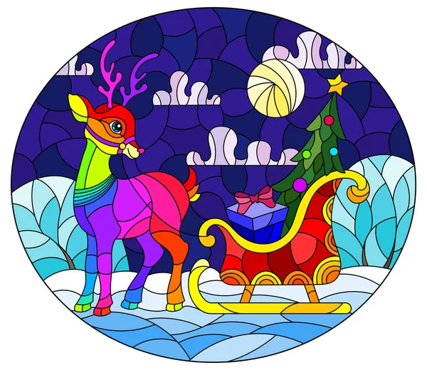 Ilustración Estilo Vitral Sobre Tema Navidad Año Nuevo Ciervo Enganchado — Vector de stock