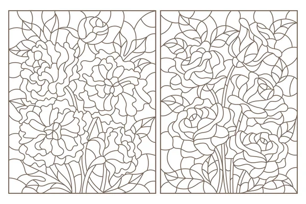 Conjunto Ilustraciones Contorno Vidrieras Con Ramos Rosas Peonías Contornos Oscuros — Vector de stock