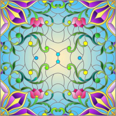 Mavi arkaplan üzerinde soyut bir çiçek düzeniyle mozaik cam tarzında resimleme, kare resim