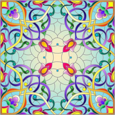 Mavi arkaplan üzerinde soyut bir çiçek düzeniyle mozaik cam tarzında resimleme, kare resim