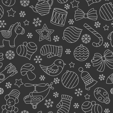 Yeni yıl ve Noel temasında kusursuz bir düzen, ışık çizgisi Noel ağacı oyuncakları ve arka planda kar taneleri