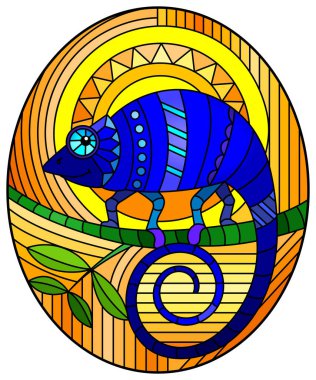 Soyut geometrik mavi bukalemun, turuncu arka planda, oval görüntüde, boyalı cam tarzı bir resim.