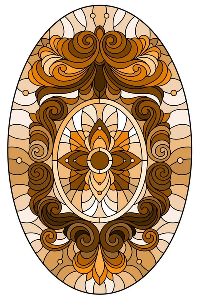 ステンドグラス風のイラスト 花飾りと渦巻きの丸い鏡像 茶色のトーン セピア 楕円形の画像 — ストックベクタ