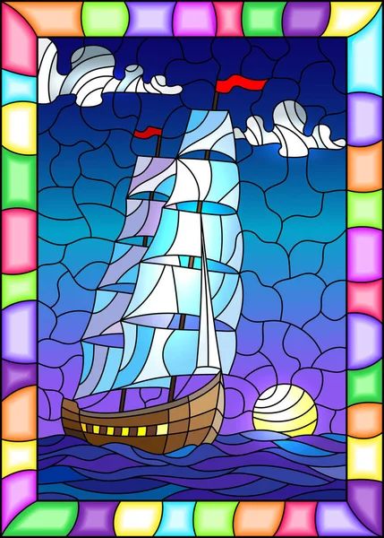 Illustration Stained Glass Style Old Ship Sailing Light Sails Sea — Stock Vector