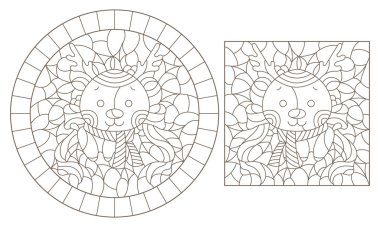 Komik karikatür geyikleri ve Holly 'li, beyaz arka planda koyu hatları olan boyalı cam pencerelerin çizimleri.