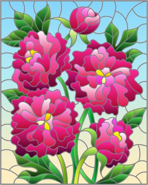 Mavi arkaplanda pembe şakayık demeti olan, dikdörtgen şekilli bir resim.