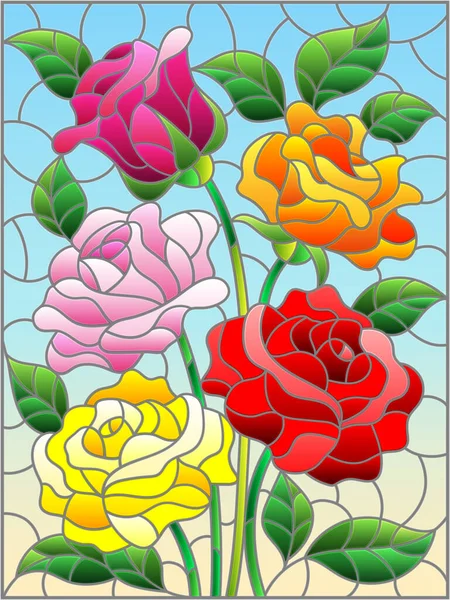 Ilustracja Stylu Witrażu Bukietem Jasnych Róż Niebieskim Tle Prostokątny Obraz — Wektor stockowy