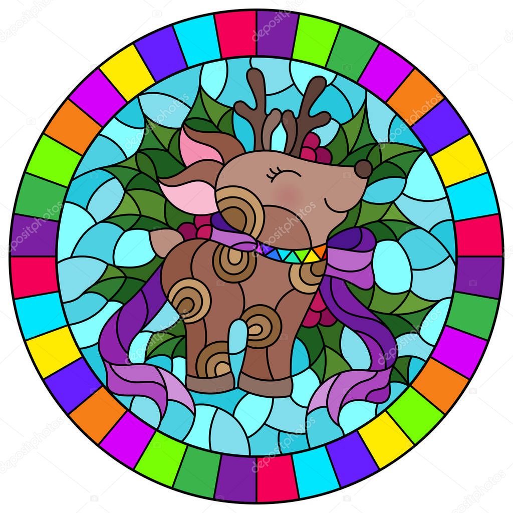 Illustration in stained glass style on the theme of the winter holidays of Christmas and New year, a toy deer on the background of Holly branches, round image in bright frame