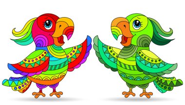 Komik muhabbet kuşları ve beyaz arkaplanda izole edilmiş görüntüler içeren boyalı cam elementler.