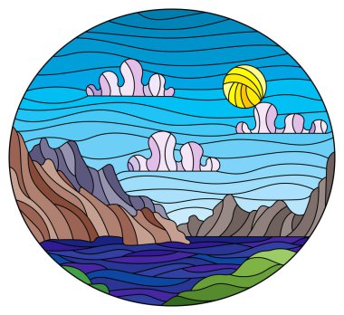 Vahşi bir manzarası olan, boyalı cam tarzı bir resim, dağların arka planında bir göl ve güneşli bir gökyüzü, oval bir görüntü.