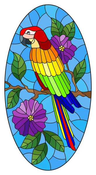 Illustration Stained Glass Style Bright Parrot Background Flowers Blue Sky — Stock Vector