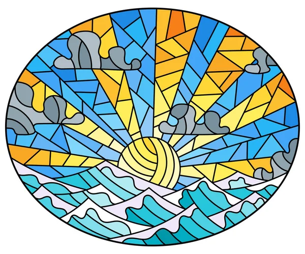 Illustration Färgat Glas Stil Med Havsutsikt Sol Blå Himmel Och — Stock vektor
