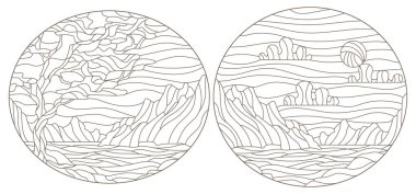 Manzaralı mozaik pencereler, beyaz arkaplan üzerindeki koyu hatlar, oval görüntüler.