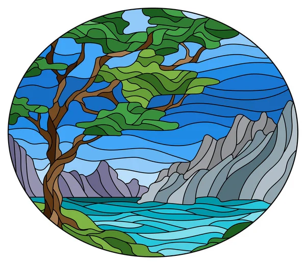 Illustration Glasmalereistil Mit Einer Wilden Landschaft Einem Grünen Baum Auf — Stockvektor